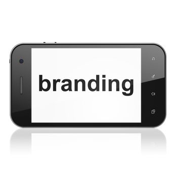 Marketing concept: smartphone with text Branding on display. Mobile smart phone on White background, cell phone 3d render