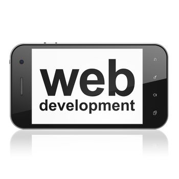 Web design concept: smartphone with text Web Development on display. Mobile smart phone on White background, cell phone 3d render