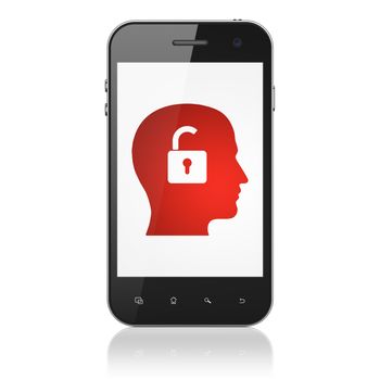 Finance concept: smartphone with Head With Padlock icon on display. Mobile smart phone on White background, cell phone 3d render