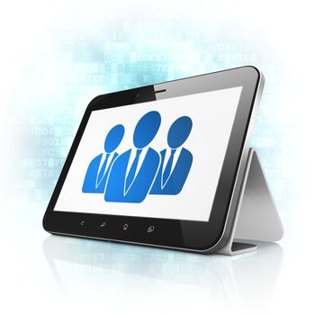 News concept: black tablet pc computer with Business People icon on display. Modern portable touch pad on Blue Digital background, 3d render