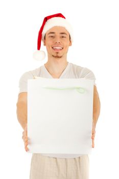 Young Santa with big white paper bag on white background