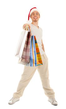 Young Santa with purchases in paper bags on white background