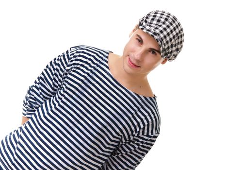 Look naughty handsome young man portrait in stylish striped dress and cap