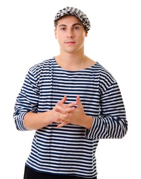 Handsome well-wishing young man portrait in stylish striped dress and cap