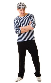 Look naughty handsome young man portrait in stylish striped dress and cap