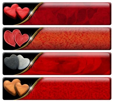 Set of four romantic banners with hearts, red floral texture and clipping path


