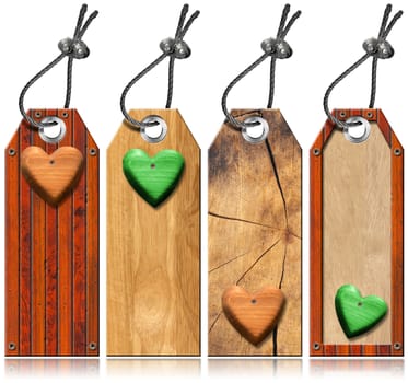 Four empty wooden tags with wooden hearts, steel cable and metal rivets
