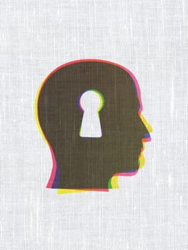 Education concept: CMYK Head With Keyhole on linen fabric texture background, 3d render