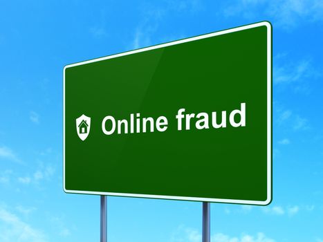 Protection concept: Online Fraud and Shield icon on green road (highway) sign, clear blue sky background, 3d render