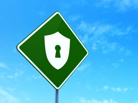Privacy concept: Shield With Keyhole on green road (highway) sign, clear blue sky background, 3d render