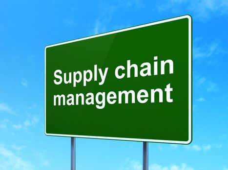 Advertising concept: Supply Chain Management on green road (highway) sign, clear blue sky background, 3d render