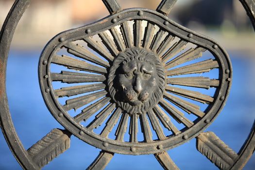 the old cast iron barelef lion head on a background of water close to.