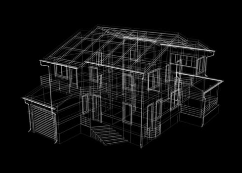 Abstract archticture. Wire-frame render on black background