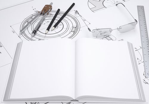 Book, glasses, ruler, compass and pencil lie on the drawing. 3d render