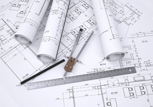 Compass, pencil and ruler lie on the drawing. 3d render