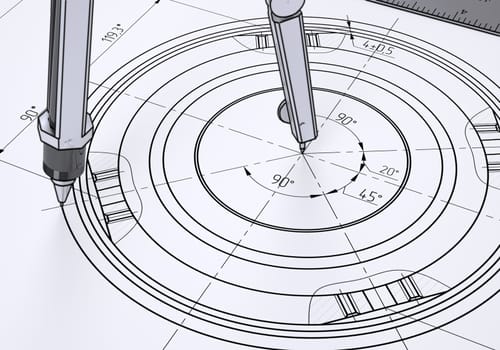 Compass on the drawing. The 3d render