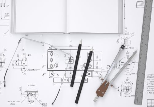 Book, glasses, ruler, compass and pencil lie on the drawing. 3d render