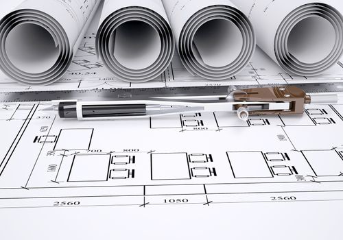 Compass and ruler lie on the drawing. 3d render