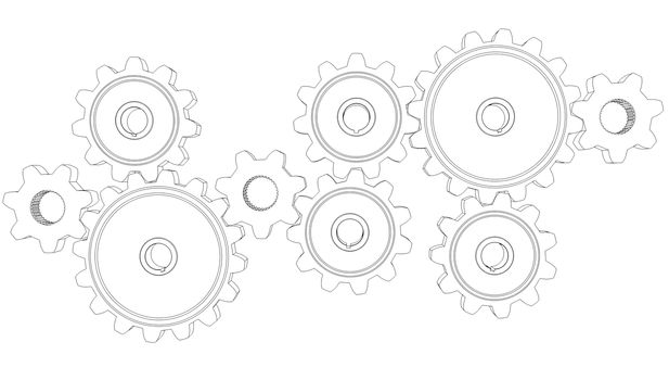 Wire frame gears. 3d rendering on white background