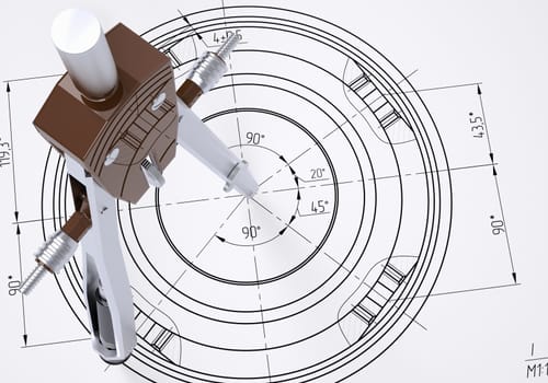 Compass on the drawing. The 3d render