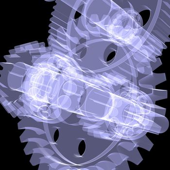 White shafts, gears and bearings. X-ray render on black background