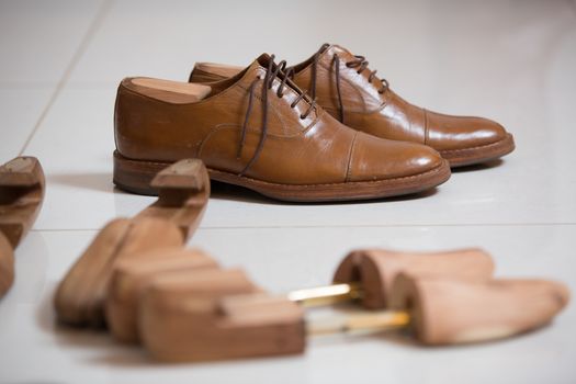 Pair of brown handmade classic men's shoes  with a shoe pads and stretchers inside and beside the shoes