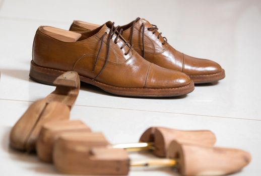 Pair of brown handmade classic men's shoes  with a shoe pads and stretchers inside and beside the shoes