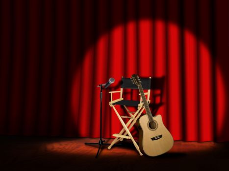 Microphone and Guitar on stage with Curtains