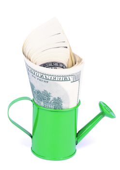 Conception of Hundred Dollar Bills Growing in Green Watering-Can isolated on white background
