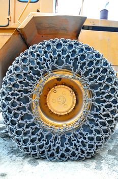 Snow chain on a truck's tyre