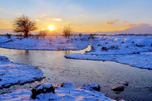 winter landscape at sunset