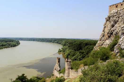 Devin castle Towers, View to Danube and Morava Rivers (near Bratislava at the border with Austria). Slavac Republic