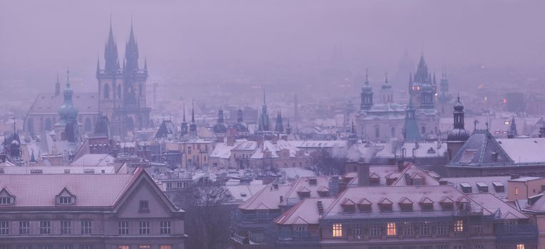 Prague towers before dawn in winter, Czech Republic