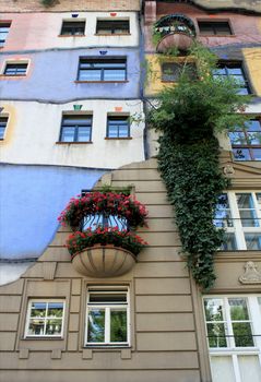 Perspective view of Hundertwasser house in Vienna (Famous landmark), Austria 