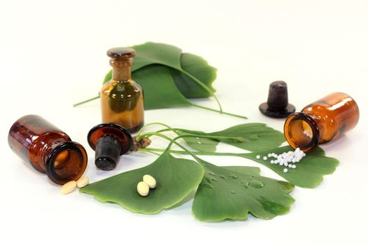 Ginkgo leaves with pharmacists bottle against white background