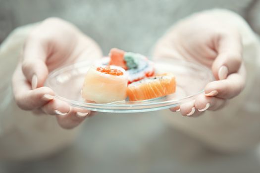 Human hands holding place with sushi