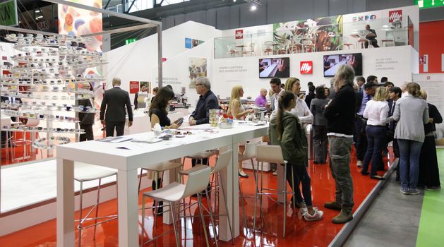 People visit local and regional food productions at Tuttofood 2013, Milano World Food Exhibition.