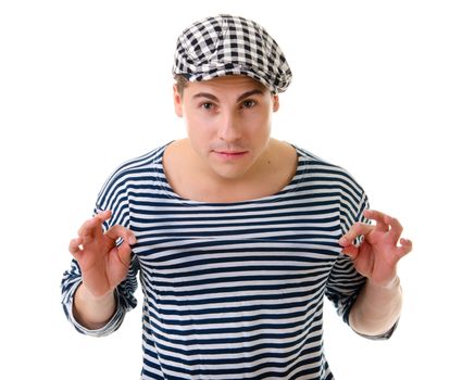 Look naughty rowdy handsome young man in stylish striped dress and cap