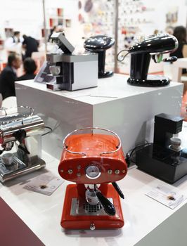 Illy Caffè coffee machines and cups in exhibition at Tuttofood 2013, Milano World Food Exhibition.