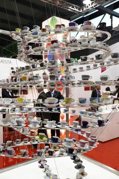 Illy Caffè coffee machines and cups in exhibition at Tuttofood 2013, Milano World Food Exhibition.