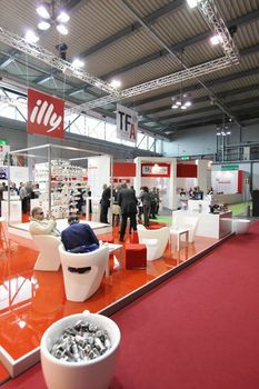 Illy Caffè coffee machines and cups in exhibition at Tuttofood 2013, Milano World Food Exhibition.