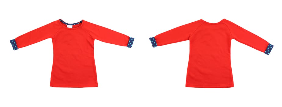 Two red t-shirt with blue cuffs. Isolated on a white background.