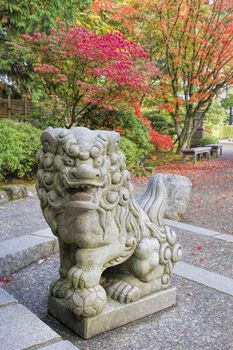 Japanese Komainu Male Foo Dog Temple Guardian Granite Statue