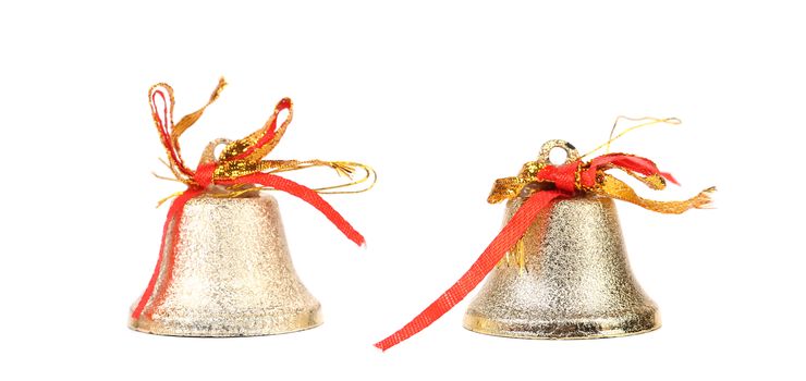 Two silver jingle bells. Isolated on a white background.