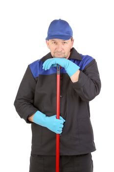 Working man with broom. Isolated on a white background.
