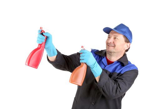 Man with cleaning supplies. Isolated on a white background.