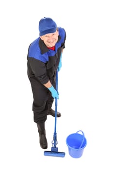 Man holding broom and bucket. Isolated on a white background.