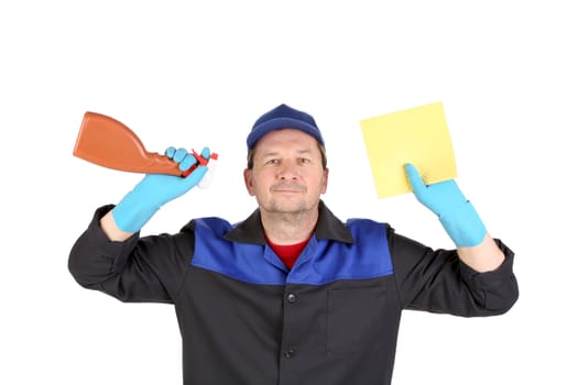 Man holds spray bottle and sponge. Isolated on a white background.