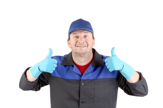 Working man with thumbs up. Isolated on a white background.