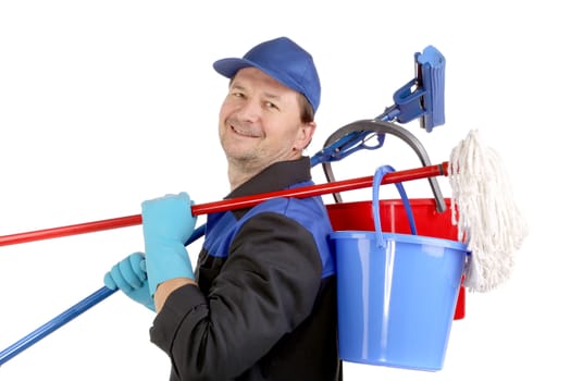 Man holding cleaning supplies. Isolated on a white background.
